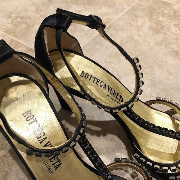 Bottega Veneta rhinestone satin ankle t strap black strappy vintage heels… - Picture 11 of 17